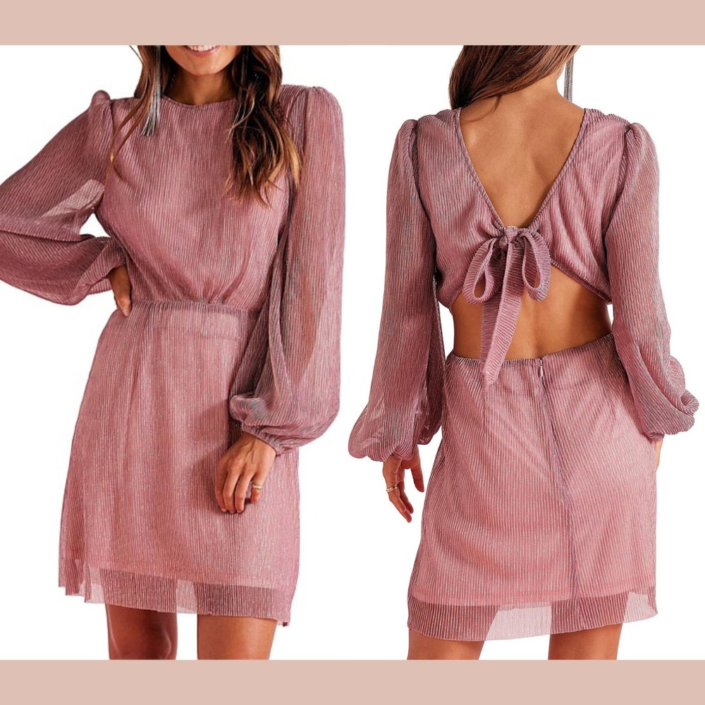 NWT $159 MINKPINK [ XS ] Astrid Plisse Tie‎ Back Mini Dress Pink Metallic U1466